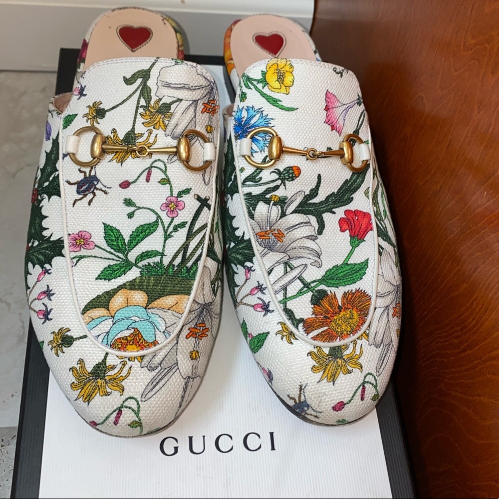 Gucci Princetown White Floral Canvas Loafers sandals EU 38 - Picture 14 of 16
